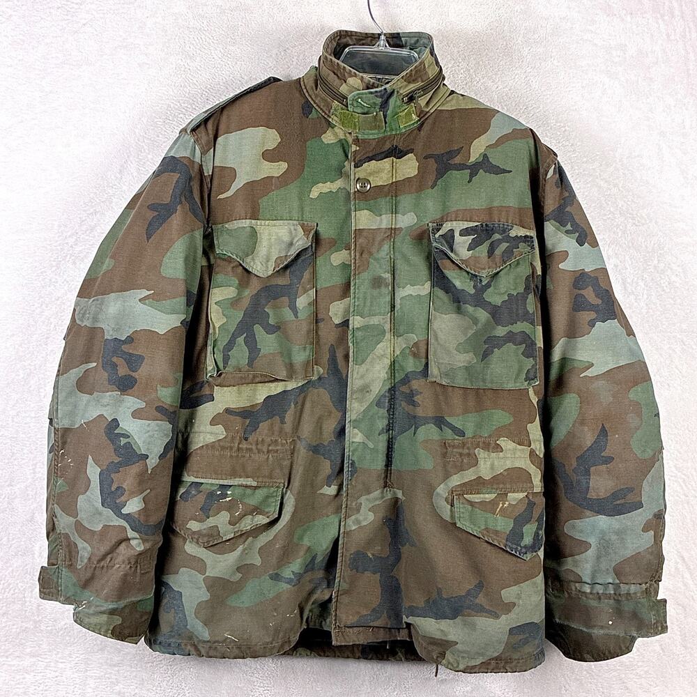 VTG USGI Army M65 Field Jacket Men M Reg Cold Weather Woodland ERDL Camo w/Liner